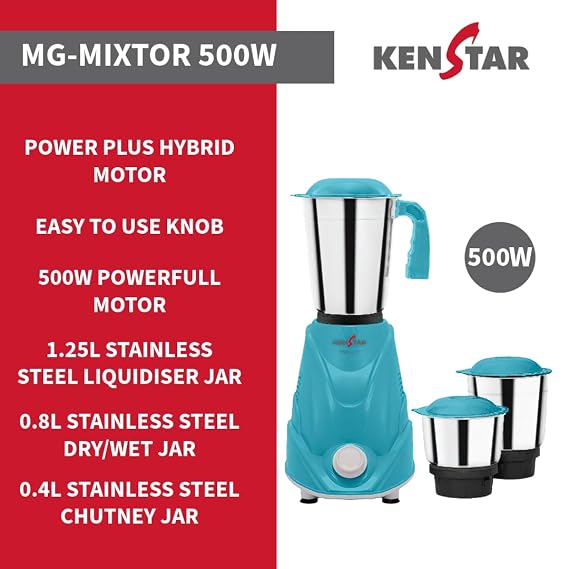 Kenstar Mixtor 500W Mixer Grinder with 3 Stainless Steel Jars – Power Plus Hybrid Motor