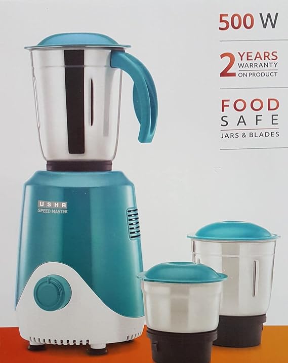 USHA Speed Master 500W Mixer Grinder with 3 Jars, 100% Copper Motor & 4-Fin Techno Blades