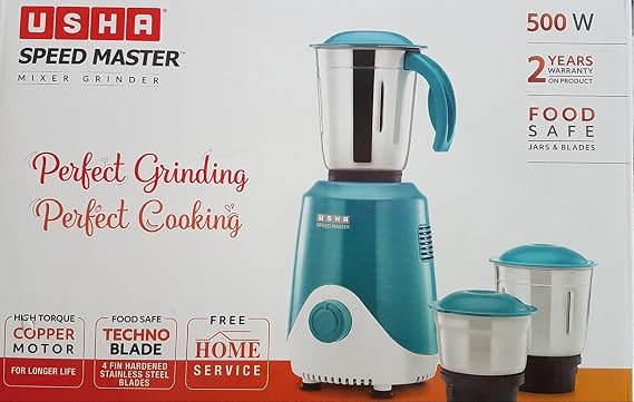 USHA Speed Master 500W Mixer Grinder with 3 Jars, 100% Copper Motor & 4-Fin Techno Blades