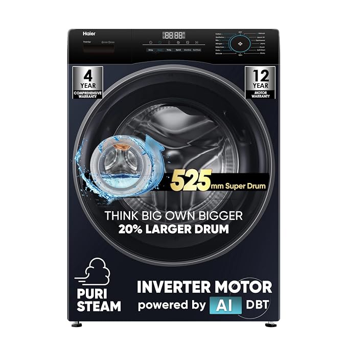 Haier 8 Kg 5-Star Inverter Fully Automatic Front Load Washing Machine (HW80-IM12929EBK, Glossy Black, 525mm Super Drum, PuriSteam)