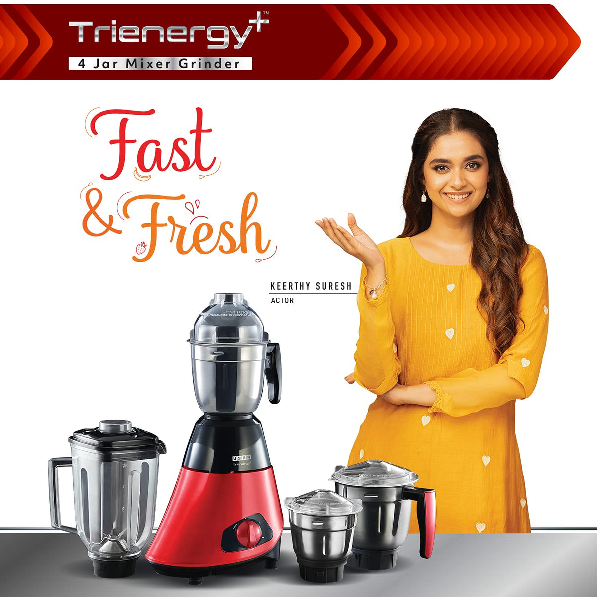 USHA Trienergy+ 800W Mixer Grinder with 100% Copper Motor and 4 Jars