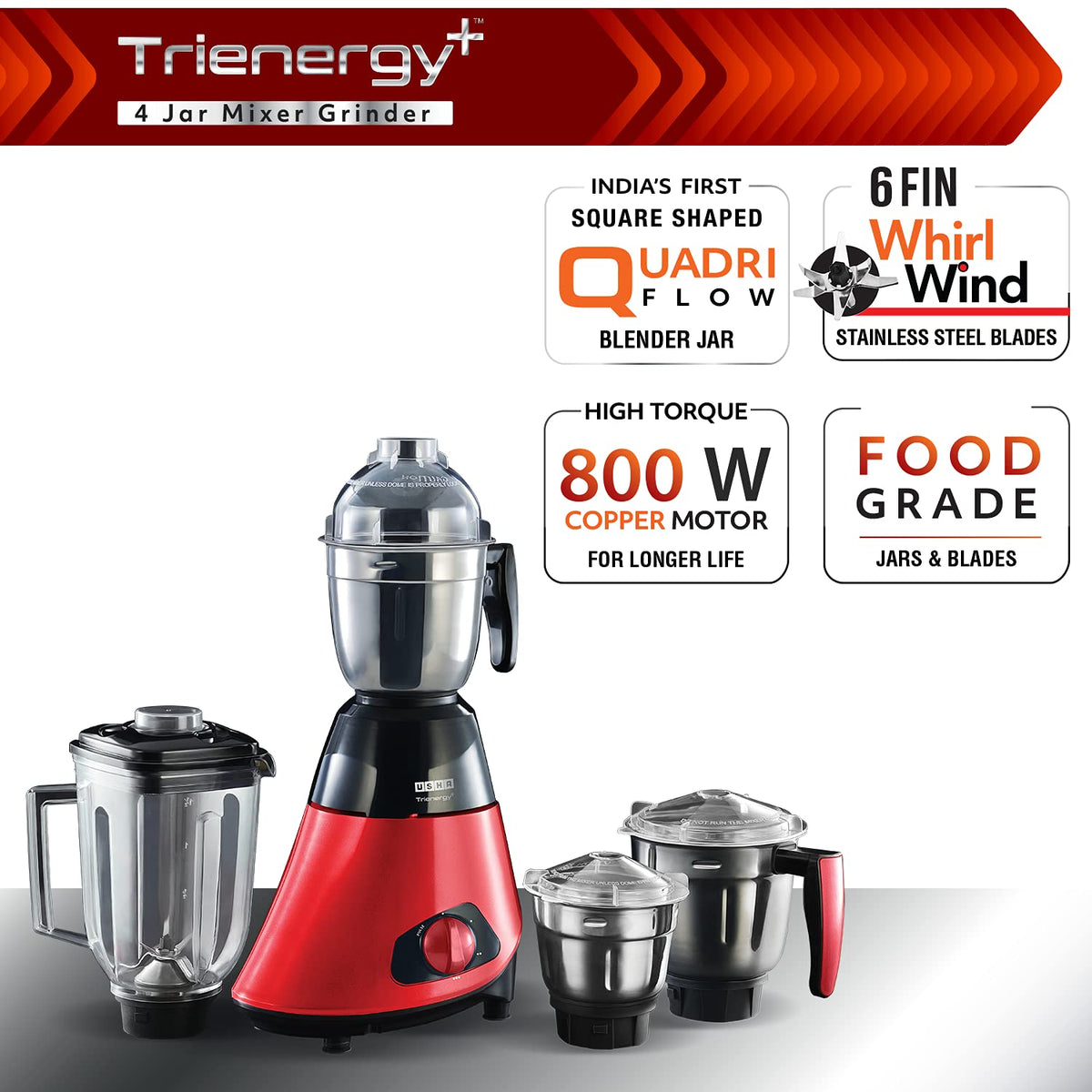 USHA Trienergy+ 800W Mixer Grinder with 100% Copper Motor and 4 Jars