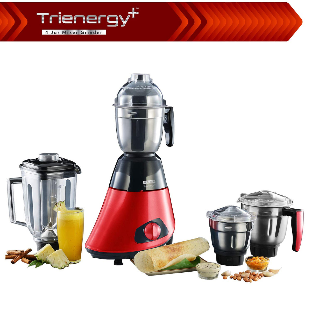 USHA Trienergy+ 800W Mixer Grinder with 100% Copper Motor and 4 Jars
