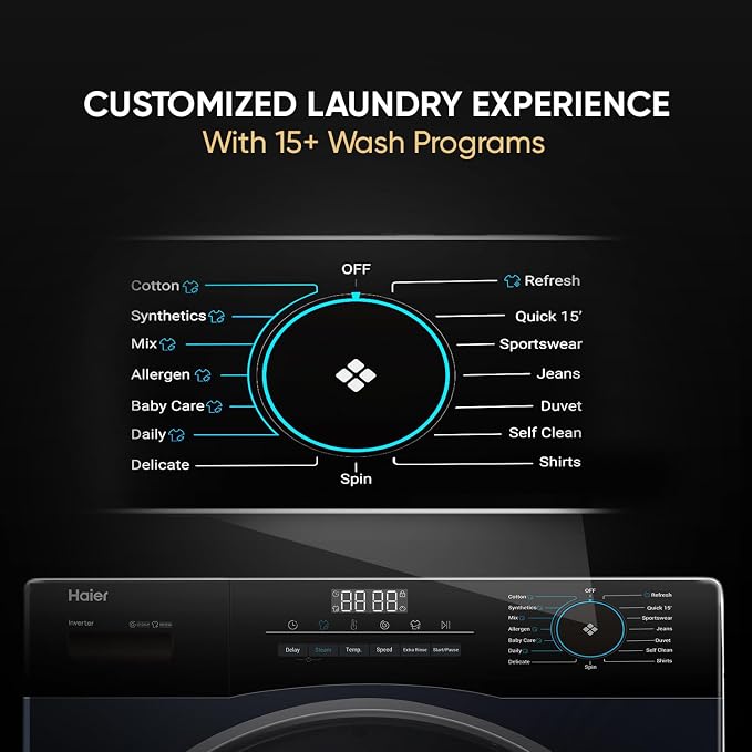 Haier 8 Kg 5-Star Inverter Fully Automatic Front Load Washing Machine (HW80-IM12929EBK, Glossy Black, 525mm Super Drum, PuriSteam)