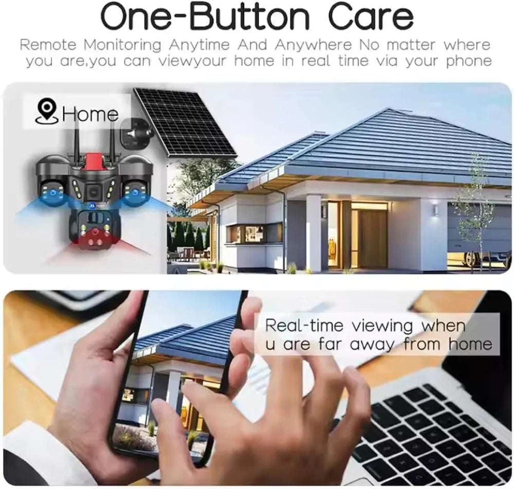 5MP×3 Solar Powered WiFi Triple Lens Outdoor CCTV Camera | 3-Screen View | No Electricity | Color Night Vision | Motion Detection