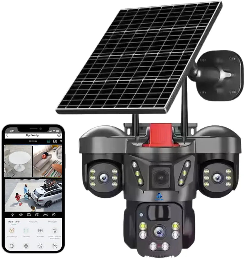 5MP×3 Solar Powered WiFi Triple Lens Outdoor CCTV Camera | 3-Screen View | No Electricity | Color Night Vision | Motion Detection