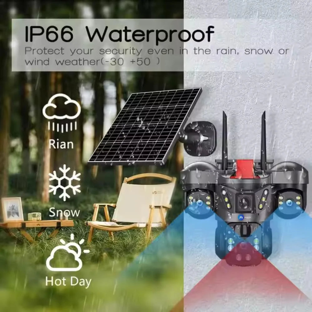 5MP×3 Solar Powered WiFi Triple Lens Outdoor CCTV Camera | 3-Screen View | No Electricity | Color Night Vision | Motion Detection