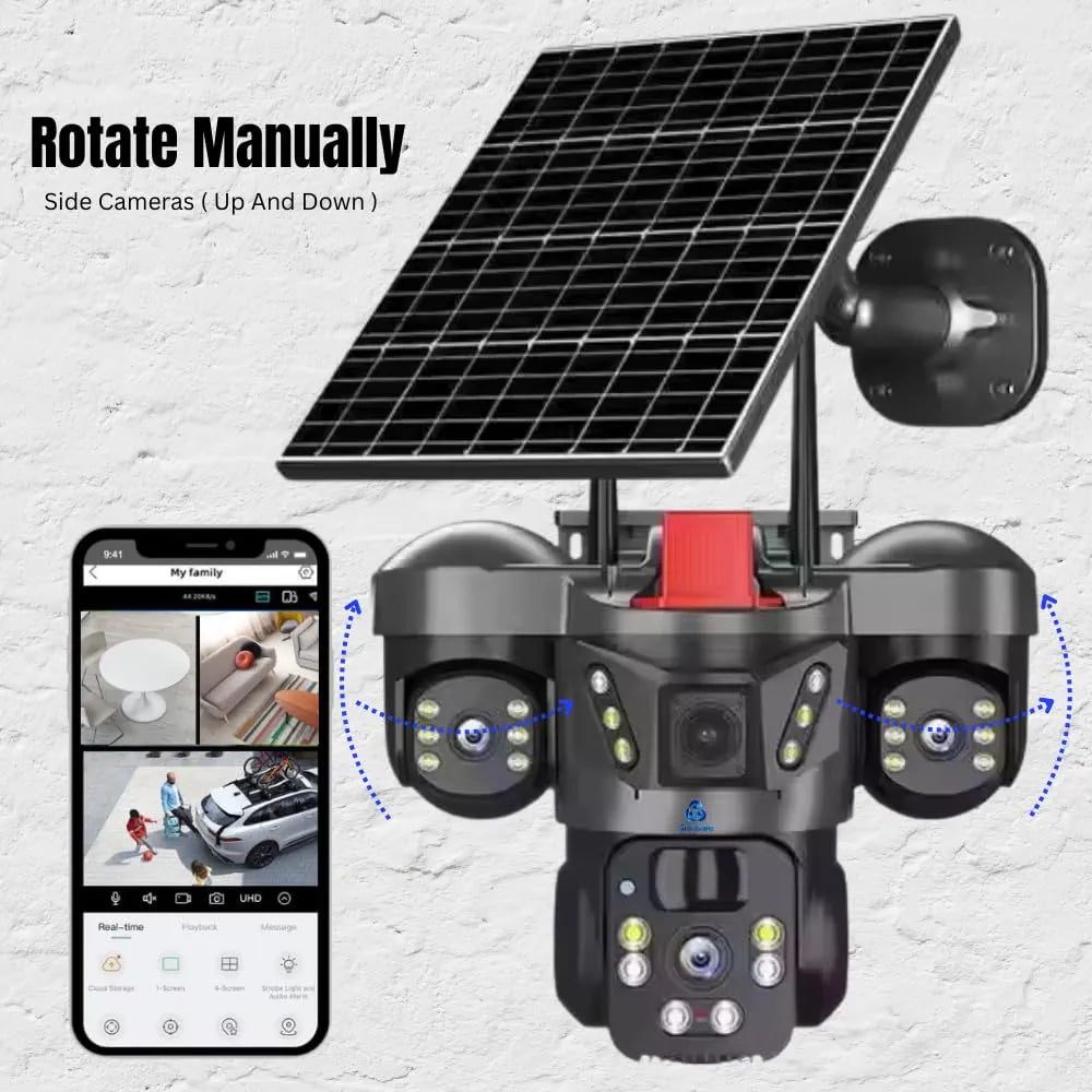 5MP×3 Solar Powered WiFi Triple Lens Outdoor CCTV Camera | 3-Screen View | No Electricity | Color Night Vision | Motion Detection