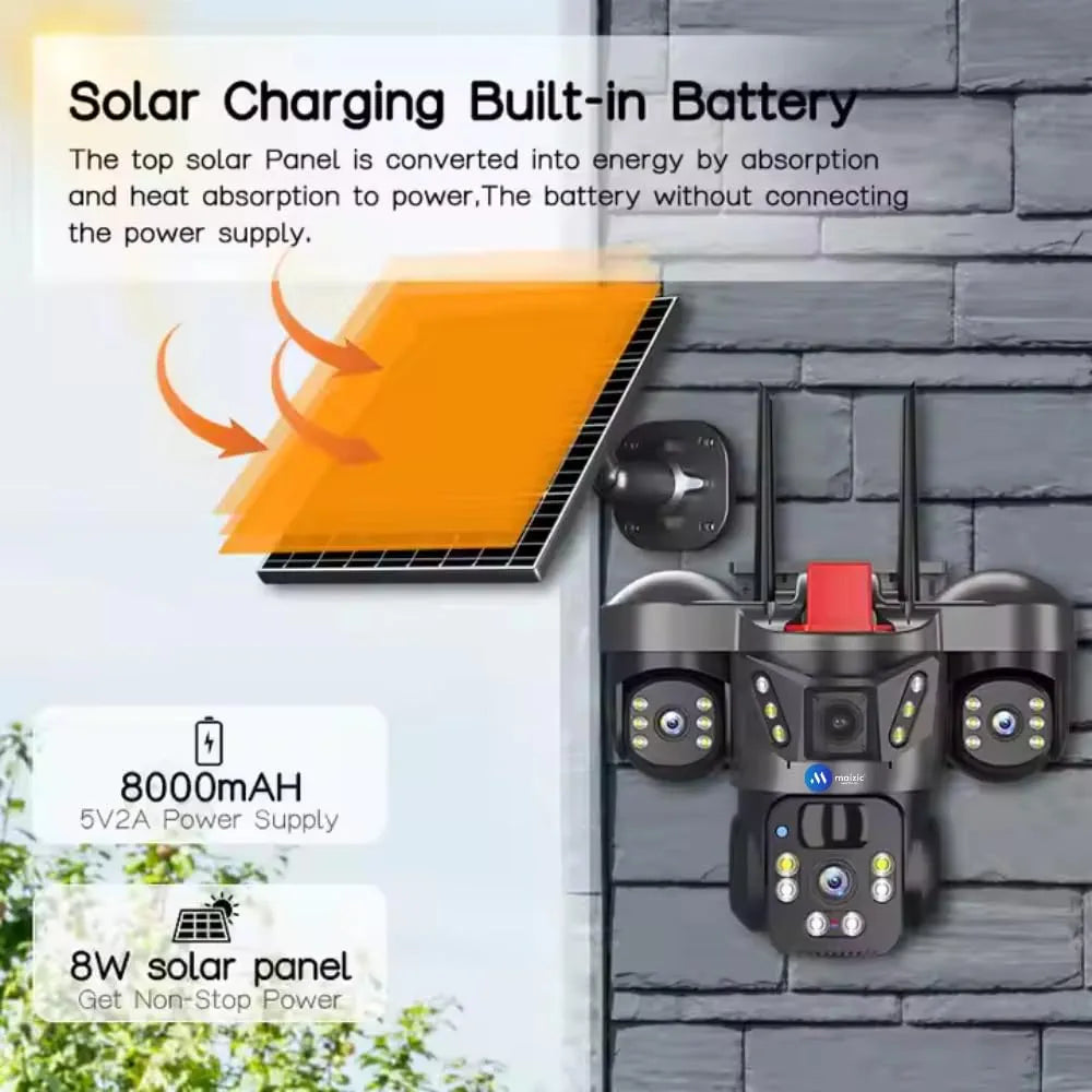 5MP×3 Solar Powered WiFi Triple Lens Outdoor CCTV Camera | 3-Screen View | No Electricity | Color Night Vision | Motion Detection