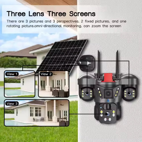 5MP×3 Solar Powered WiFi Triple Lens Outdoor CCTV Camera | 3-Screen View | No Electricity | Color Night Vision | Motion Detection